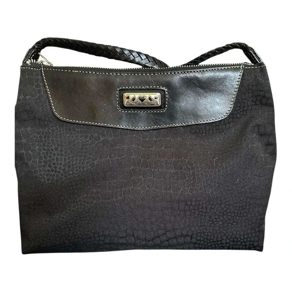 Brighton Croc Pattern Fabric Handbag Black Shoulder Purse Braided Leather Strap